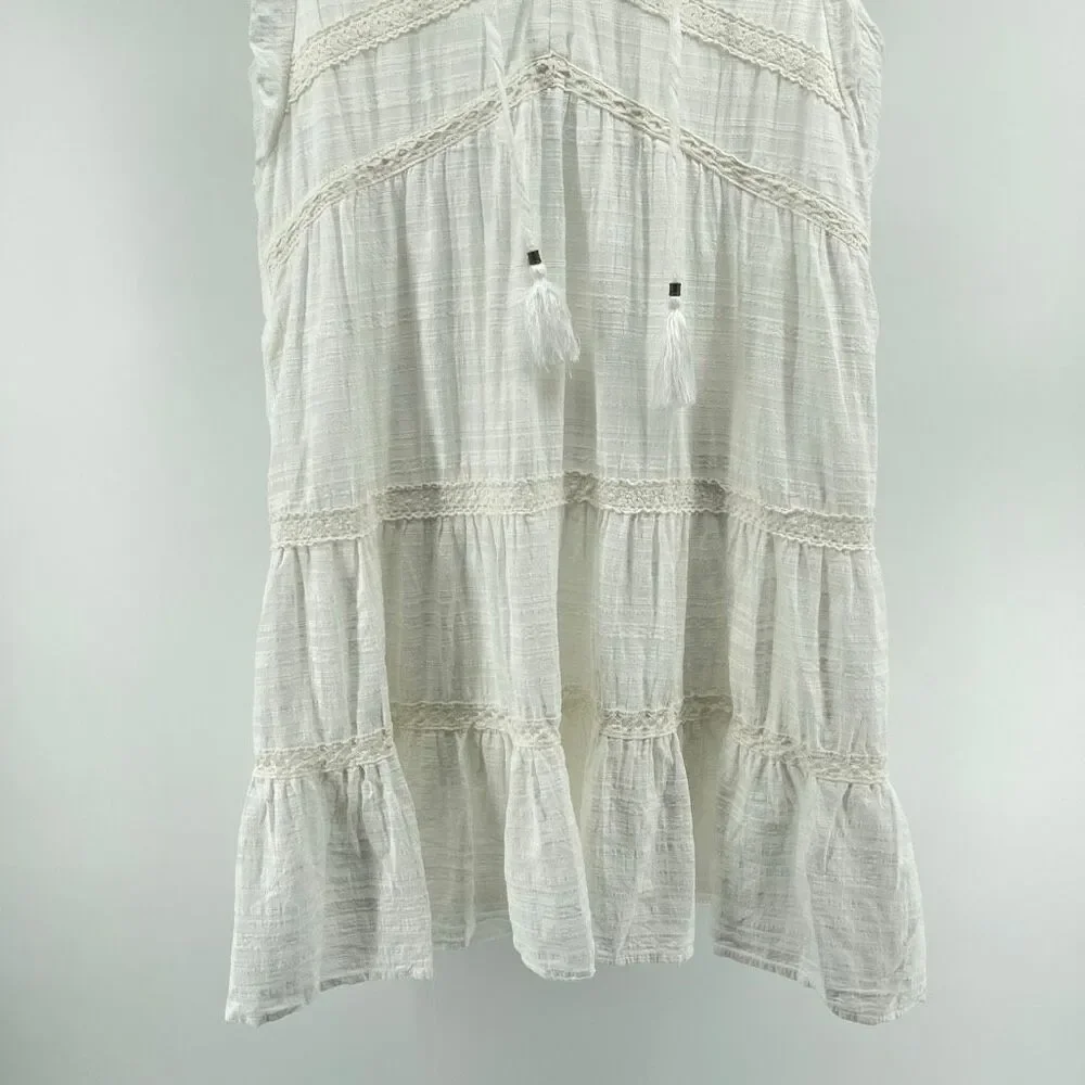 Knox Rose White Boho Lace Trim Tiered Short Dress Tassel Tie Size Large - Picture 4 of 14